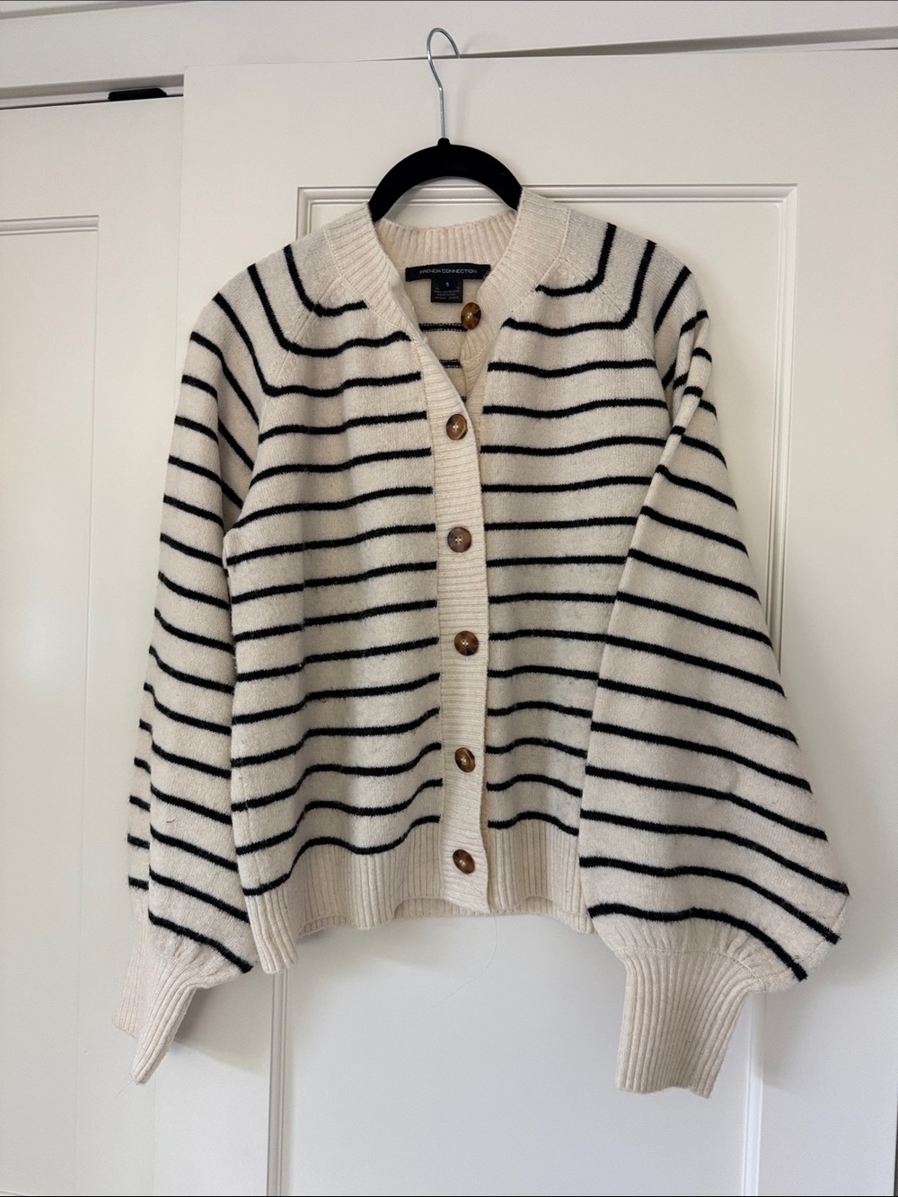 French Connection Balloon sleeve Striped Button-Front Cardigan - Cream/Black